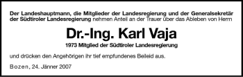 Traueranzeige von Karl Vaja von Dolomiten