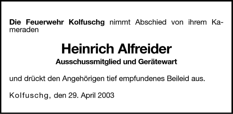  Traueranzeige für Heinrich Alfreider vom 30.04.2003 aus Dolomiten