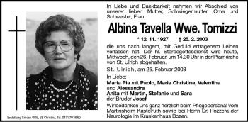 Traueranzeige von Albina Tomizzi von Dolomiten