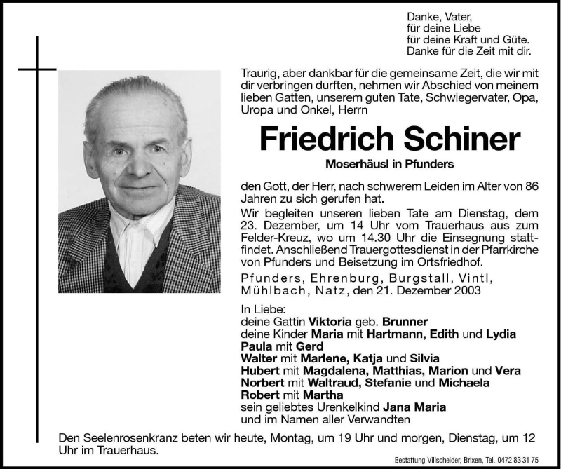 Traueranzeige für Friedrich Schiner vom 22.12.2003 aus Dolomiten