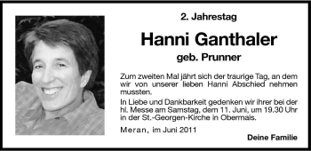 Traueranzeige von Hanni Ganthaler von Dolomiten