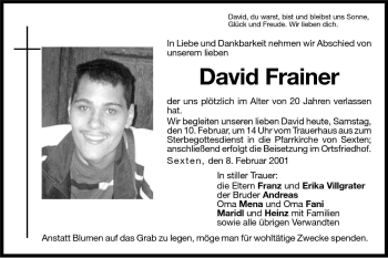 Traueranzeige von David Frainer von Dolomiten