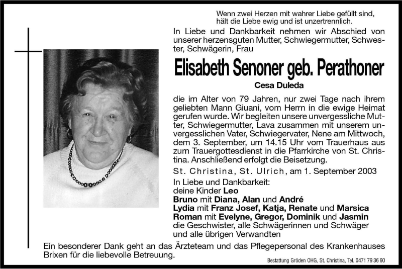  Traueranzeige für Elisabeth Senoner vom 02.09.2003 aus Dolomiten