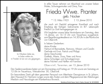 Traueranzeige von Frieda Pranter von Dolomiten
