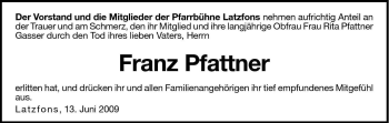 Traueranzeige von Franz Pfattner von Dolomiten