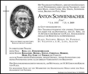 Traueranzeige von Anton Schwienbacher von Dolomiten