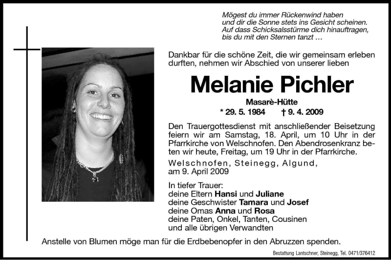  Traueranzeige für Melanie Pichler vom 17.04.2009 aus Dolomiten