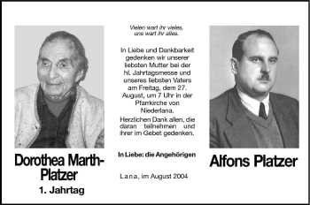 Traueranzeige von Dorothea Platzer von Dolomiten
