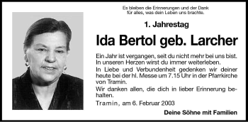 Traueranzeige von Ida Bertol von Dolomiten