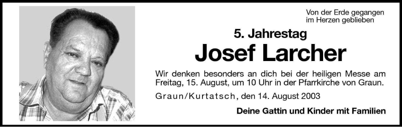  Traueranzeige für Josef Larcher vom 13.08.2003 aus Dolomiten