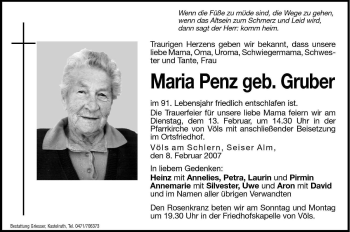 Traueranzeige von Maria Penz von Dolomiten