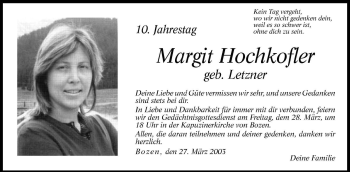 Traueranzeige von Margit Hochkofler von Dolomiten