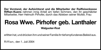 Traueranzeige von Rosa Pirhofer von Dolomiten