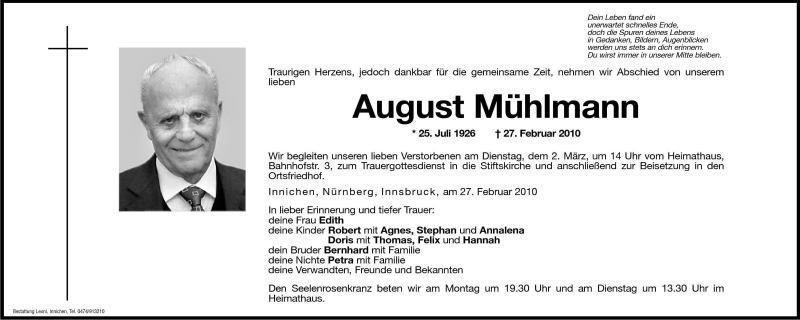  Traueranzeige für August Mühlmann vom 01.03.2010 aus Dolomiten