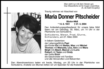 Traueranzeige von Maria Pitscheider von Dolomiten