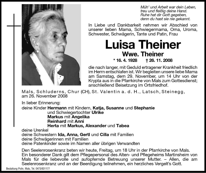  Traueranzeige für Luisa Theiner vom 28.11.2008 aus Dolomiten