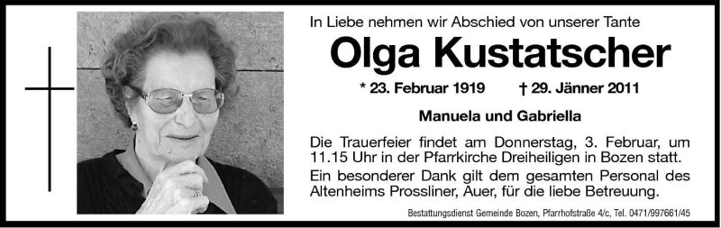  Traueranzeige für Olga Kustatscher vom 02.02.2011 aus Dolomiten