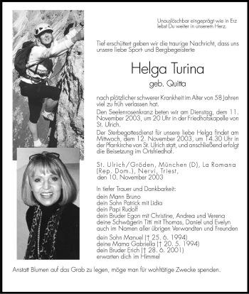 Traueranzeige von Helga Turina von Dolomiten