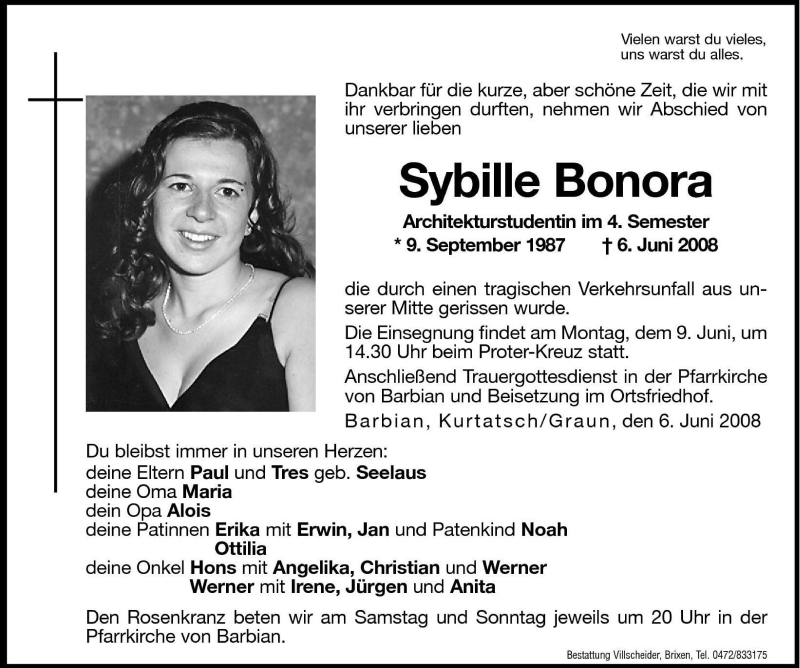  Traueranzeige für Sibylle Bonora vom 07.06.2008 aus Dolomiten