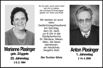 Traueranzeige von Marianne Plasinger von Dolomiten