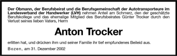 Traueranzeige von Anton Trocker von Dolomiten