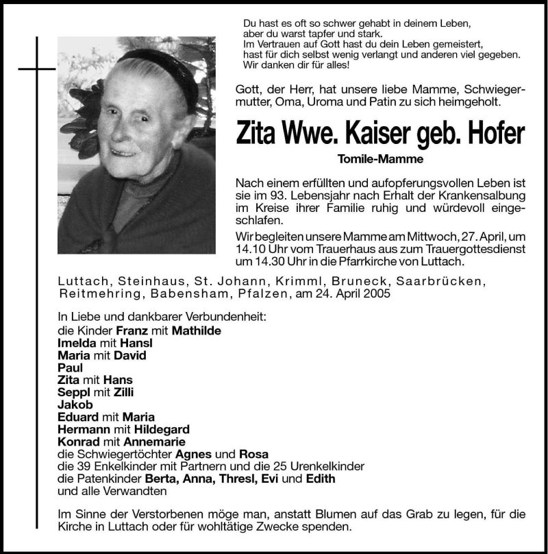  Traueranzeige für Zita Kaiser vom 26.04.2005 aus Dolomiten