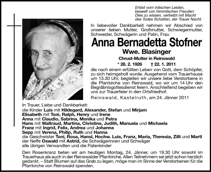  Traueranzeige für Anna Bernadetta Stofner vom 24.01.2011 aus Dolomiten