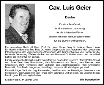 Traueranzeige von Luis Geier von Dolomiten