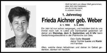 Traueranzeige von Frieda Aichner von Dolomiten