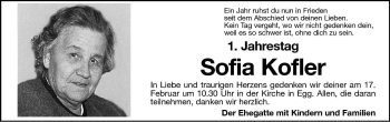 Traueranzeige von Sofia Kofler von Dolomiten