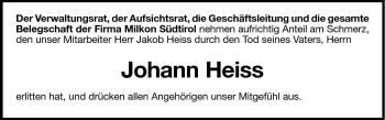 Traueranzeige von Johann Heiss von Dolomiten