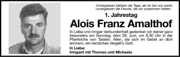 Traueranzeige von Alois Franz Amalthof von Dolomiten