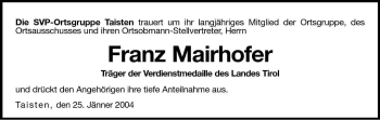 Traueranzeige von Franz Mairhofer von Dolomiten