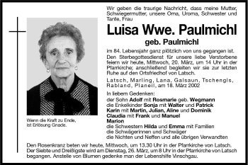 Traueranzeige von Luisa Paulmichl von Dolomiten