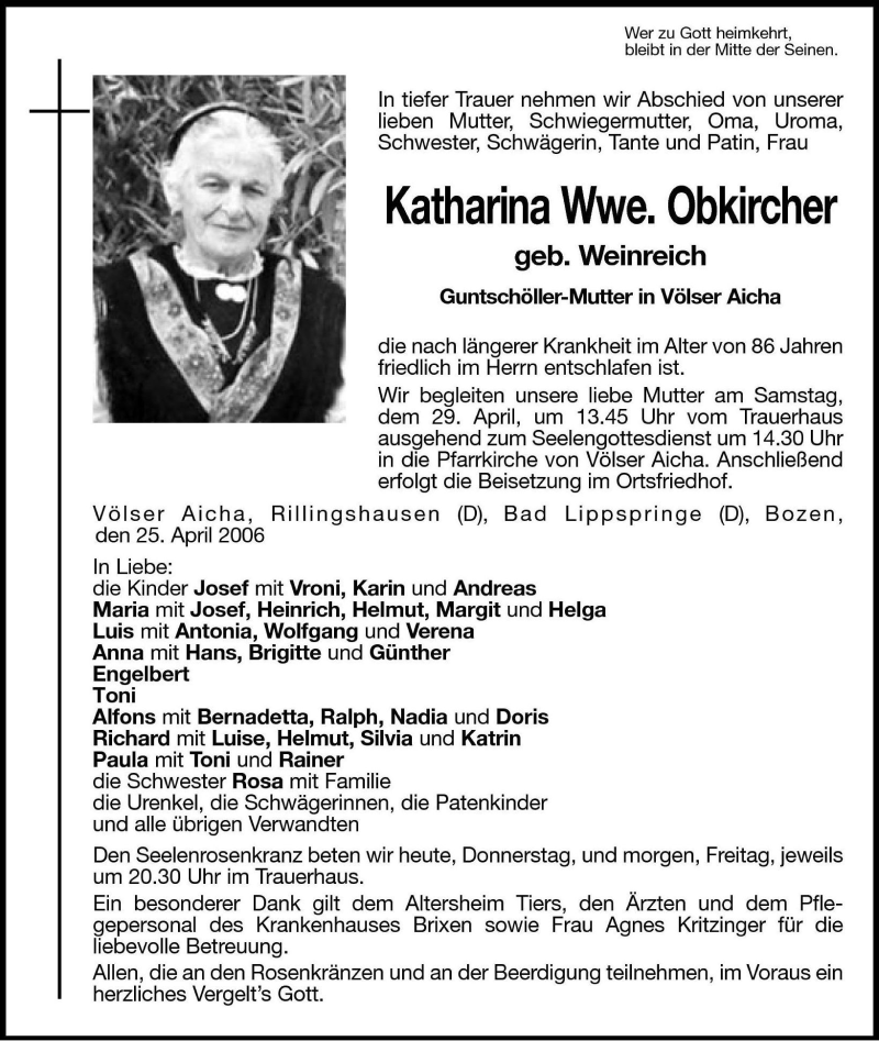  Traueranzeige für Katharina Obkircher vom 27.04.2006 aus Dolomiten