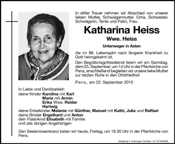 Traueranzeige von Katharina Heiss von Dolomiten