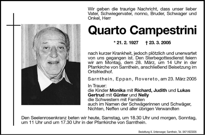  Traueranzeige für Quarto Campestrini vom 26.03.2005 aus Dolomiten