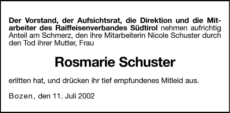  Traueranzeige für Rosmarie Schuster vom 12.07.2002 aus Dolomiten