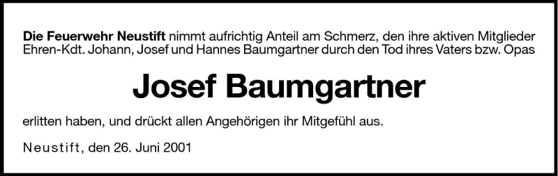  Traueranzeige für Josef Baumgatner vom 27.06.2001 aus Dolomiten