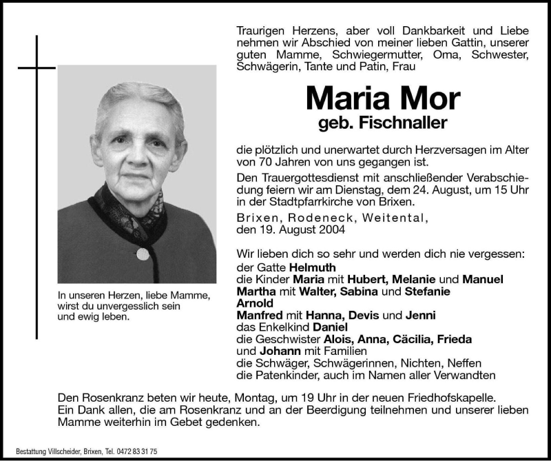  Traueranzeige für Maria Mor vom 23.08.2004 aus Dolomiten