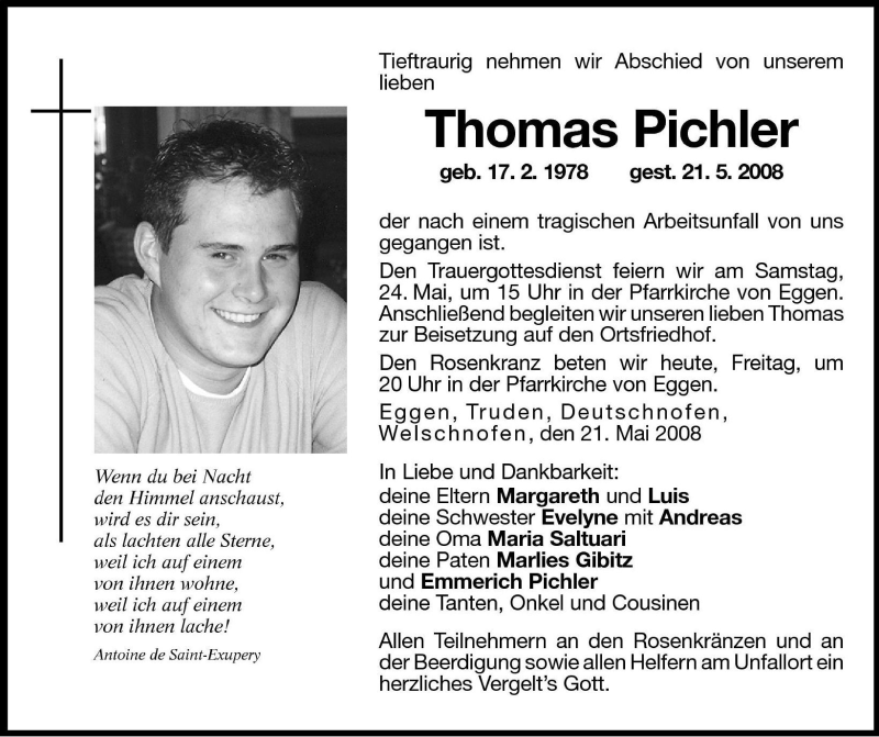  Traueranzeige für Thomas Pichler vom 23.05.2008 aus Dolomiten