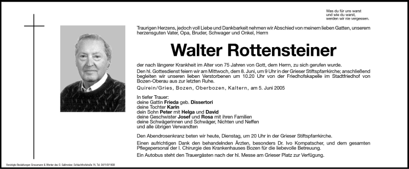  Traueranzeige für Walter Rottensteiner vom 07.06.2005 aus Dolomiten