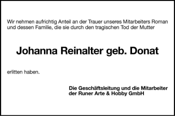 Traueranzeige von Johanna Reinalter von Dolomiten