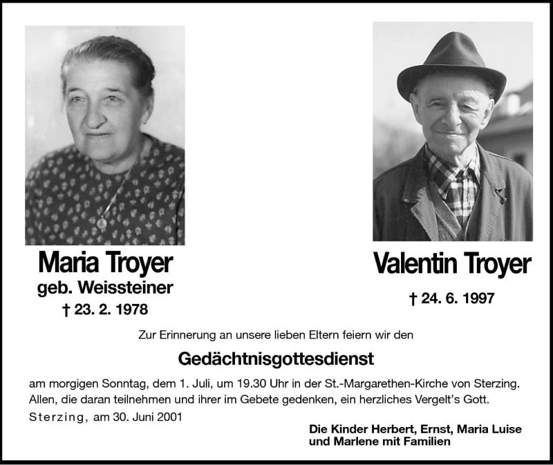  Traueranzeige für Maria Troyer vom 30.06.2001 aus Dolomiten