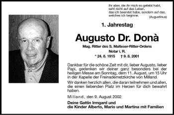 Traueranzeige von Augusto Dona von Dolomiten