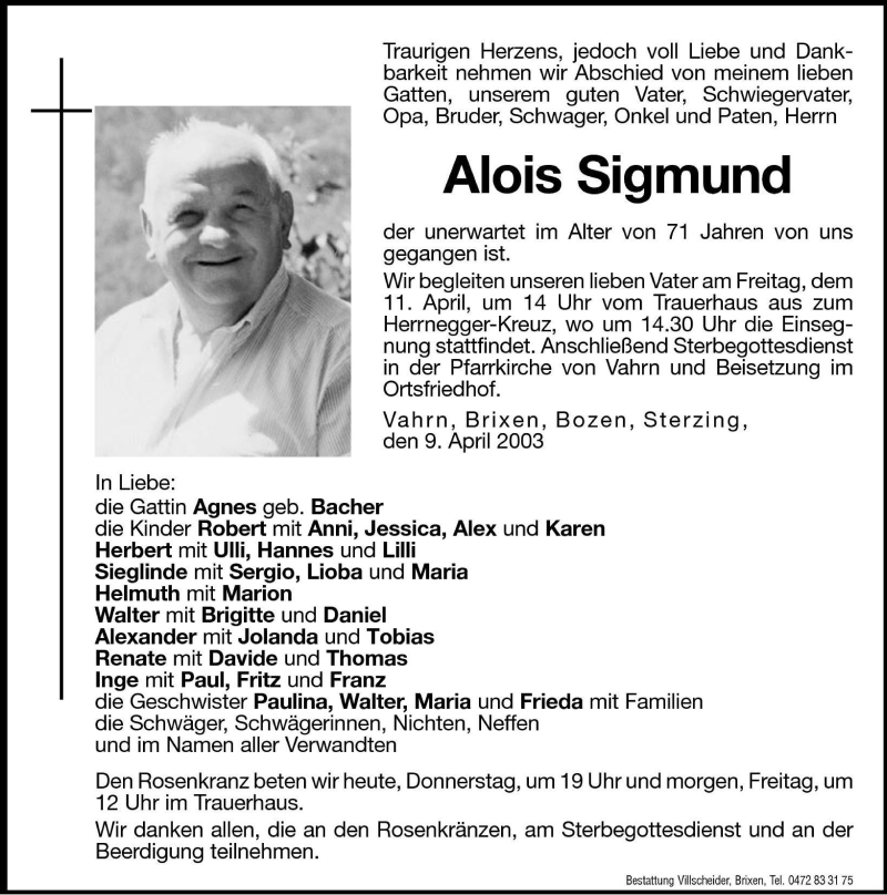  Traueranzeige für Alois Sigmund vom 10.04.2003 aus Dolomiten