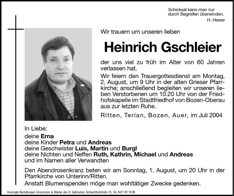  Traueranzeige für Heinrich Gschleier vom 31.07.2004 aus Dolomiten