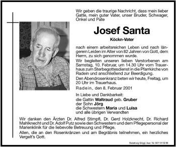 Traueranzeige von Josef Santa von Dolomiten