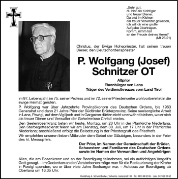 Traueranzeige von P. Wolfgang (Josef) Schnitzer von Dolomiten