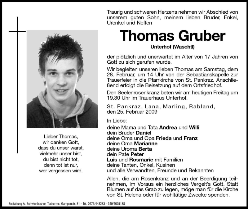  Traueranzeige für Thomas Gruber vom 27.02.2009 aus Dolomiten